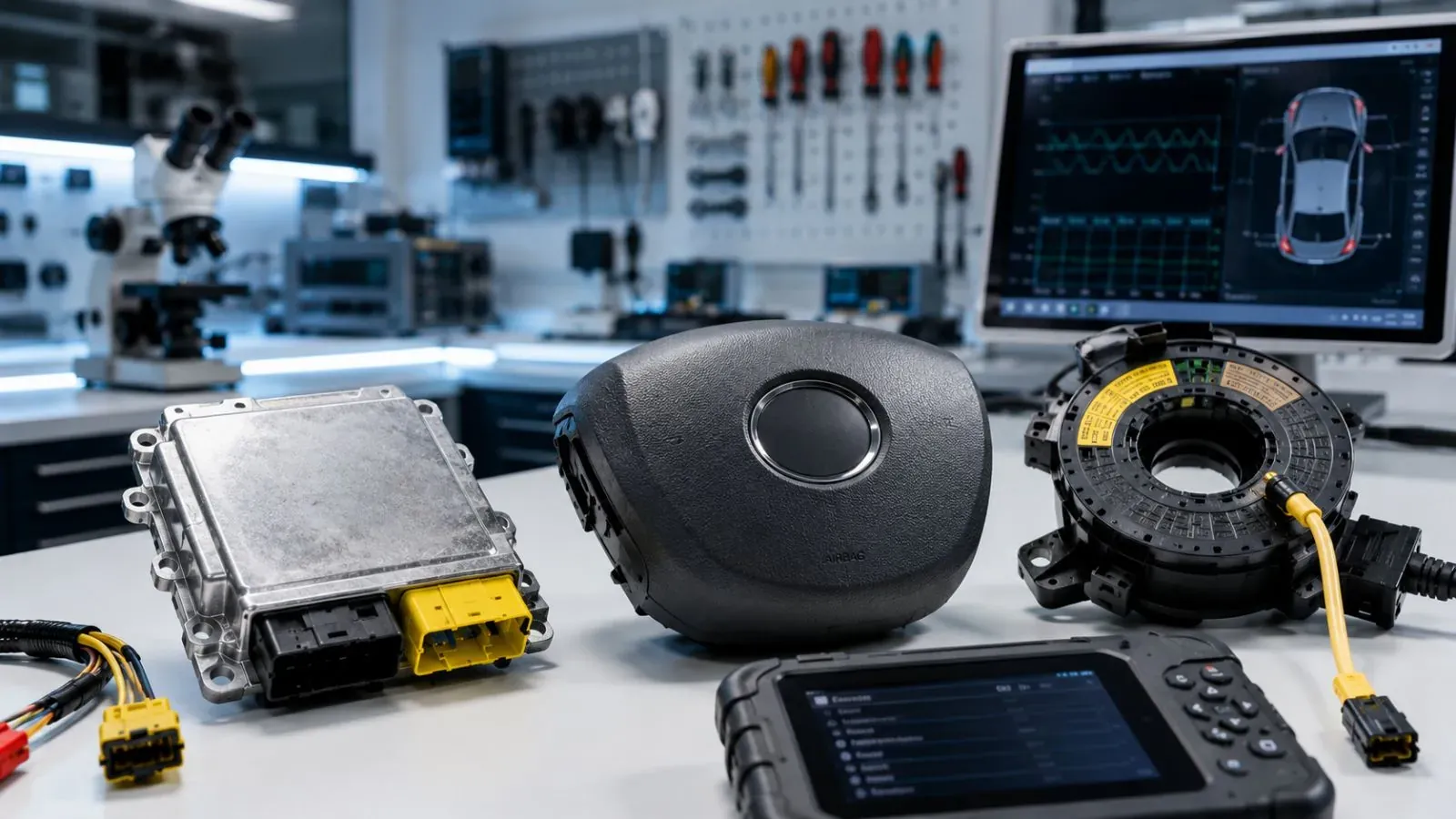Εγκέφαλος airbag, αερόσακος τιμονιού και σπιράλ τιμονιού σε πάγκο εργαστηρίου