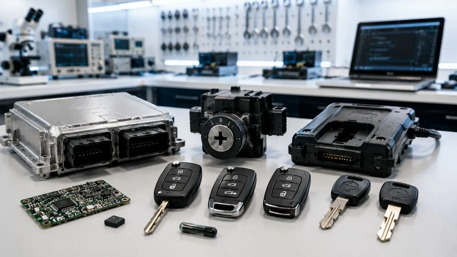Κλειδιά, chip transponder, μίζα και εγκέφαλος κινητήρα σε πάγκο εργαστηρίου